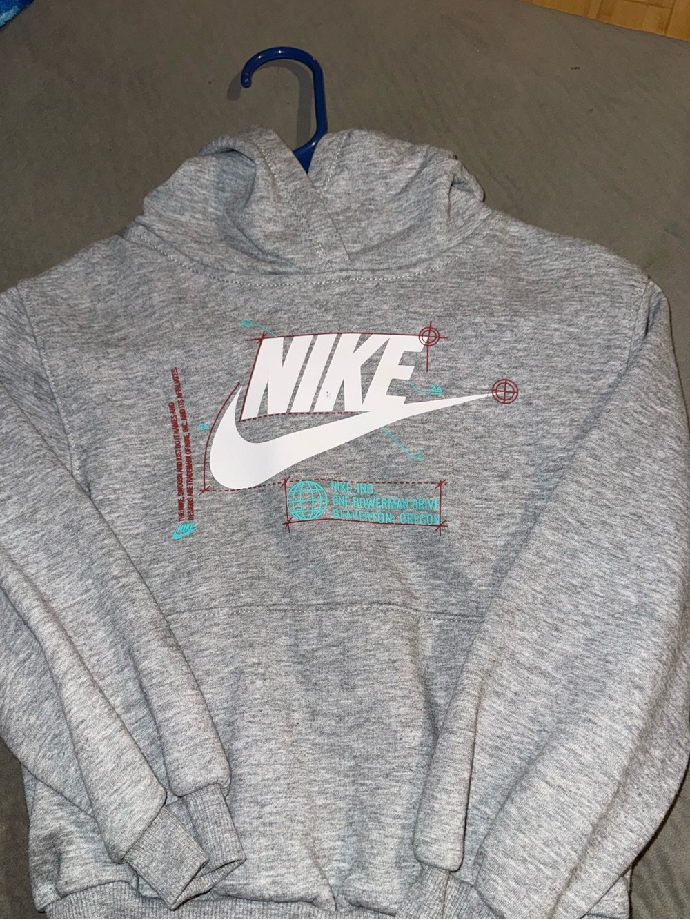 Nike Gray Crewneck Hoodie with White Swoosh and Teal Accents